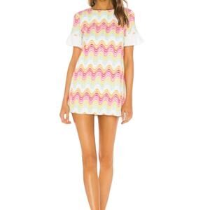 Tularosa Embroidered Mini Dress Wavy 70's Vibe Ruffle Sleeves Size XS Revolve
